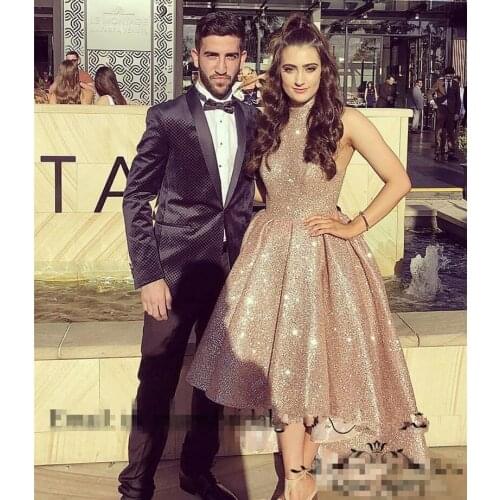 Rose Gold Sequins Prom Dresses 2020 Arabic High Neck Plus Size High Low Cheap African Girls Formal Pageant Evening Party Gowns