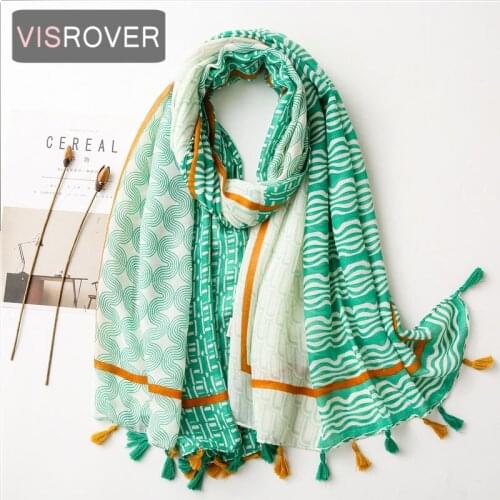 VISROVER New Green geometric Printing Viscose Autumn Women Scarf Tassel Fashion Winter Green Scarf Shawls Hijab Gift Wholesales