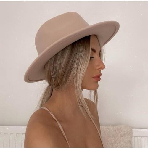 Womens Black Elegant Wide Brim Fedora Flat Panama Hat Cap Wide Brim autumn Hat Elegant Imitation Wool Camel Winter Caps