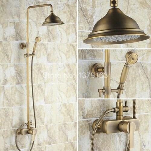 Bathroom Rain Shower Faucet Set Antique Brass Single Lever Mixer Tap + 8.2 Inch Round Rainfall Shower Head + Handshower ars171