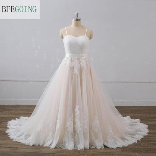 Tulle Lace Appliques Spaghetti Straps Sweetheart Bridal gown Floor-Length A-line Wedding dresses Chapel Train Custom made