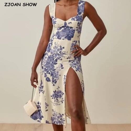 2021 Vintage France Style White Blue Floral Print Strap Midi Dress Retro Sexy Women Hem Slit Elastic Slim Sling Tea Dress
