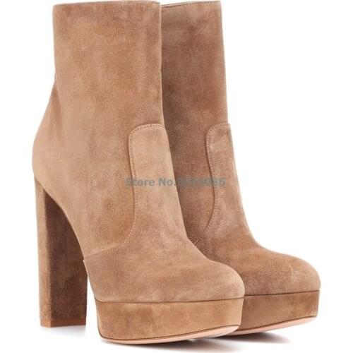 Suede Platform Ankle Boots Basic Concise Style Sewing Chunky Heel Women Shoes Black Khaki Gray Nubuck Casual Boots