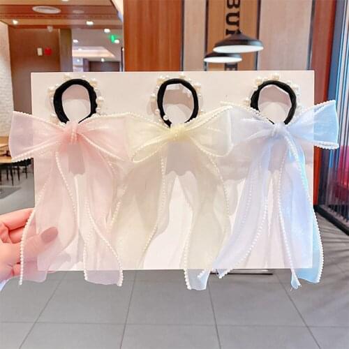 New Women Elegant Pearls Chiffon Ribbon Bow Scrunchie Hair Tie Sweet Hair Decorate Hair Bands Headband Fashion Hair Accessories