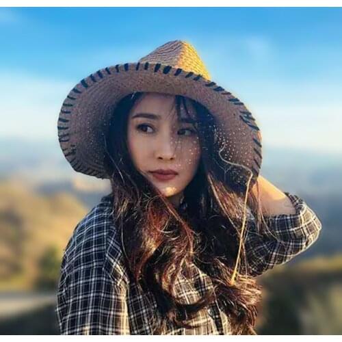 Handmade Weave Raffia Sun Hats For Women Black Ribbon Lace Up Large Brim Straw Hat Outdoor Beach Summer Caps Chapeu Feminino