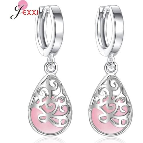 Top Quality Temperamental Genuine 925 Silver Charm Hollow Pink Clear Crystal Drop Women Earrings Romantic Lady Accessories