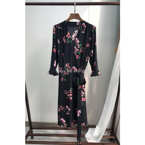 ElfStyle High Quality Silk Flowers Floral Printed Wrap Style V Neck Mini Dress With Waist Ties