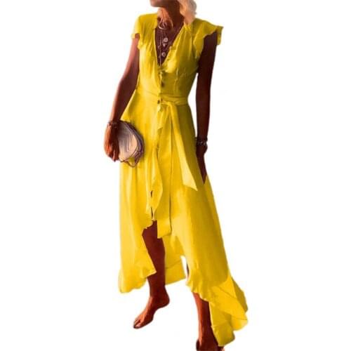 Bohemian Women Dress V Neck Solid Color Short Sleeve Irregular Hem Long Dress for Beach