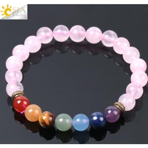 CSJA 7 Chakra Natural Stone Bracelet Pink Quartz Stone Beads Yoga Reiki Healing Balance Bracelets Life Energy Women Jewelry E954