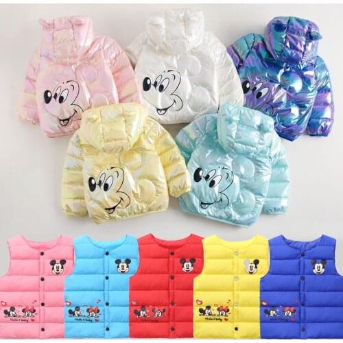 Disney Winter Down Cotton Padded Clothes Boys Girls Warm Thickened Hooded Coat Cute Mickey Mouse Donald Duck Childrens Jacket