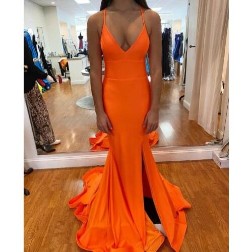 Elegant Long V-Neck Orange Evening Dresses with Slit Mermaid Floor Length Criss Cross Back Formal Party Dress for Women