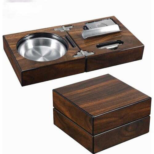 Nice Portable MirageBlack Folding Stainless steel Smoke Slot Soild Wood Cigar Ashtray with Cigar Cutter Cigar Punch CE-1205