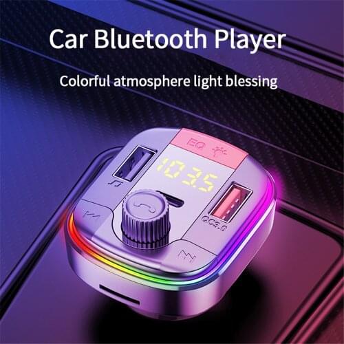 Kebidumei Car Bluetooth5.0 FM Transmitter Type-C and QC3.0 Dual USB Charger 7-color Atmosphere Light Mp3 Player Lossless Music