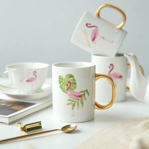 1pc Flamingo Mug Ceramic Milk Mug with Golden Handle Fine Bone China Water Cup European Style Drinkware