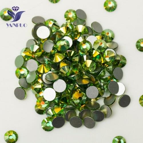 YANRUO 2058NoHF Peridot AB Adhesive Glass Non Hot Fix Rhinestones Wedding Dress Flat back Glass Rhinestone Green Stones