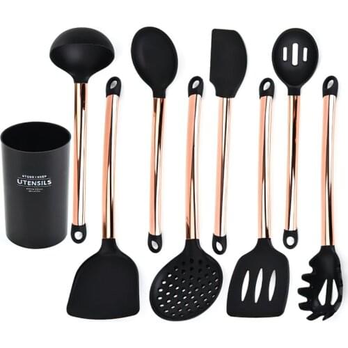 Silicone Kitchenware Rose Gold Stainless Steel Cooking Supplies Non-stick Pot with Spatula Spoon Home Kitchen Supplies