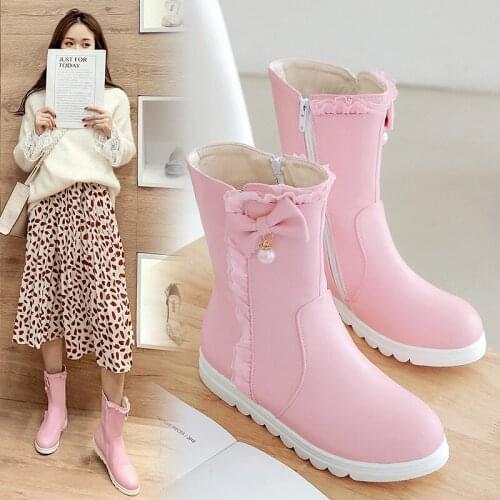 YQBTDL Ruffles Pearl Butterfly-knot Sweet Ankle Boots for Women Side Zipper Pink White Black Autumn 2021 Wedges Shoes Ladies New