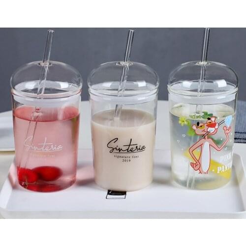 Fashion design glass straw mug,creative glass cup,transparent heat-resistant glass mugs milk cup with lid christmas mug Gift