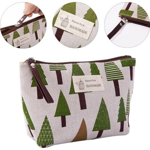 Soft Canvas Bear Tree Print Pattern Women Travel Storage Bag Toiletries Organize Cute Cosmetic Bag Portable Make Up Bags