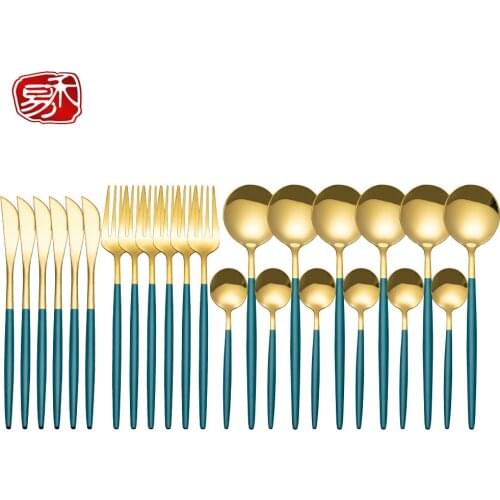 New 410 Stainless Steel Tableware 24-piece Set Bright Black Portuguese Ins Cutlery Set Golden Spoon Fork GIft Without Box CST