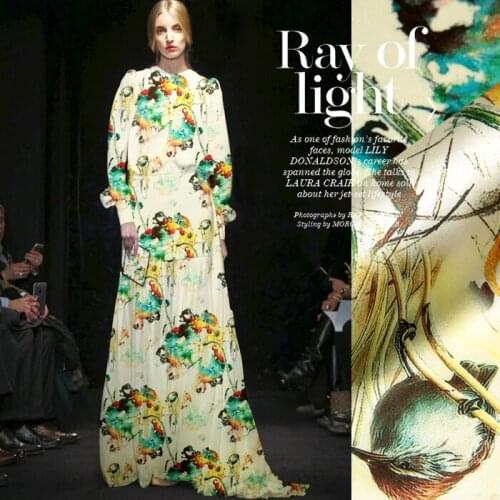 PRINTED SILK STRETCH SATIN 118cm width 19momme Pure Silk Fabric New Desigual Cream Flower Printing