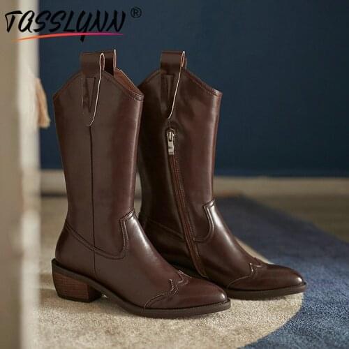 TASSLYNN 2020 Retro Riding Equestrian Leather Boots Women Pointed Toe Genuine Leather Mid-Calf Boots Slip-On High Heel Boots