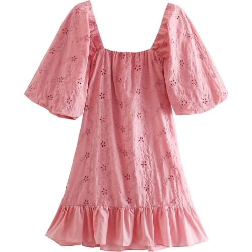 TEELYNN Pink Cotton Mini Dresses Women Vintage A-line Loose Puff Sleeve Summer Dress Hollow Floral Embroidery Boho Party Robe