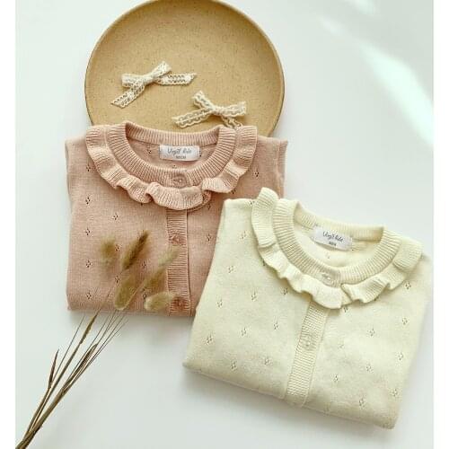 Spring Baby Girls Hollow Out Cardigan with Frilly Collars 100% Cotton Toddlers Tops Clothing 1-7Year