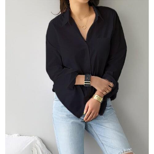New Spring Womens Shirt White Blouse Shirts Female Elegant One Pocket Long Sleeve Lapel OL Style Women Loose Blouses Top Shirt