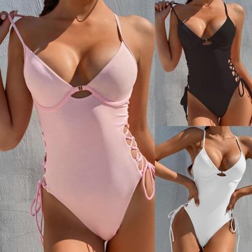 Women Swimsuit Solid Color One-Piece Beachwear Padded Underwire Drawstring Swimwear for Swimming