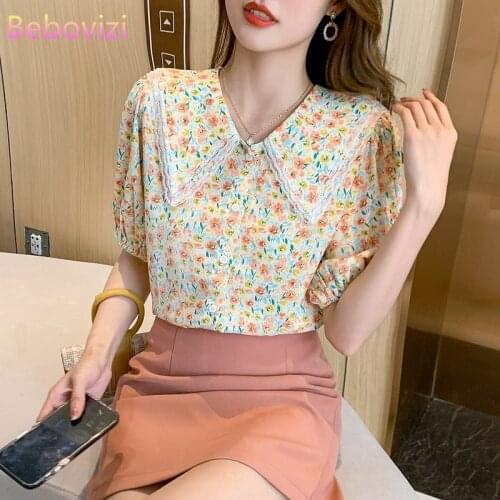 S-XXL Korean Fashion Sailor Collar Chiffon Summer Button Up Casual Puff Sleeve Shirts Tops for Women Office Lady Work Clothes