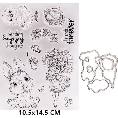 2021 New Rabbit Girl Flower Clear Stamps and Metal Cutting Dies DIY Scrapbooking Embossing Album Seal Template Punch Stencils