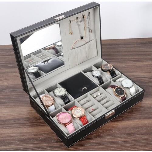 8-Slot Watch Display Case Jewelry Box Organizer Luxury Ring Jewelry Storage Gift Box Black Leather Watch Holder with Mirror Lock