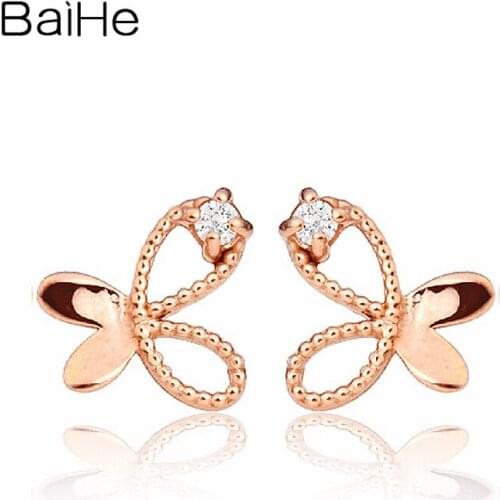 BAIHE Solid 18K Rose Gold 0.01CT H/SI Round Natural Diamonds Engagement Trendy Fine Jewelry butterfly Stud Earrings for Women