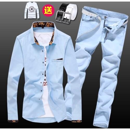 Spring Autumn Mens Long Sleeve Shirt Pencil Pants Jeans Slim Fit 2pcs Set Casual Shirts Trousers for Male Clothing