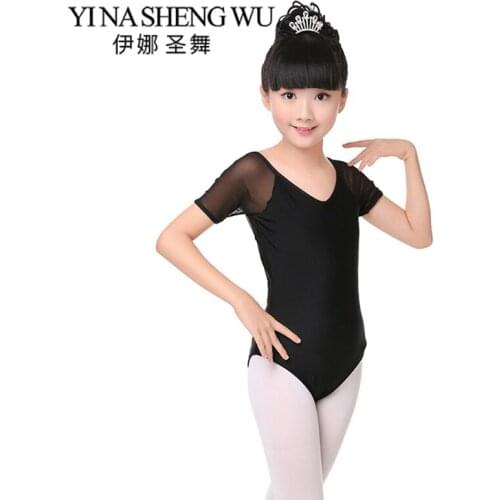 Children Dance Clothing Ballet Dance Practice Leotard Girls Short-Sleeve V-neck Mesh Splice Black Gymnastics Dance Costumes