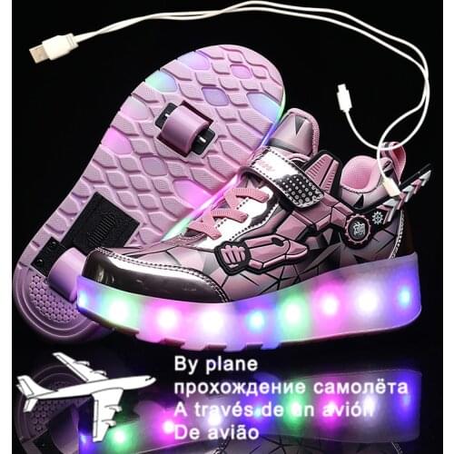 New Pink USB Charging Fashion Girls Boys LED Light Roller Skate Shoes For Children Kids Sneakers With Wheels Two wheels