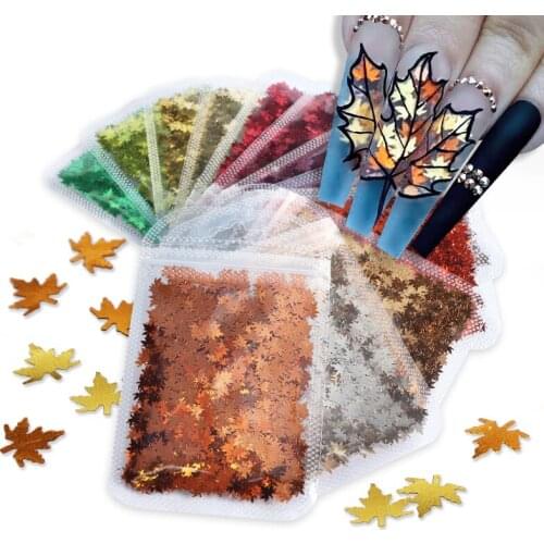 Maple Leaf Glitter Charm Sequin Nail Shinny Flakes Holographic Leaves Sticker Paillette 3D Manicure Decoration Nail Accessories