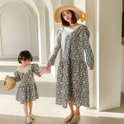 2021 Spring and Autumn Mother and Daughter Parent-Child Girl Long Sleeve Printed Floral Dress.If You Need 2pcs,Please Order Two