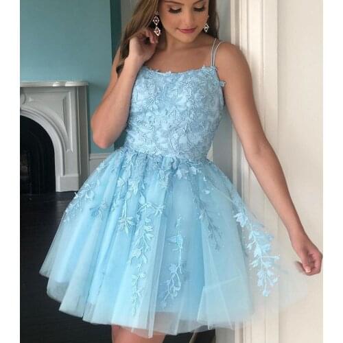 Lavender Lace Homecoming Dress 2020 A-Line Spaghetti Neck Short Prom Gowns Lace-Up Light Yellow Cocktail Party Formal Event Wear