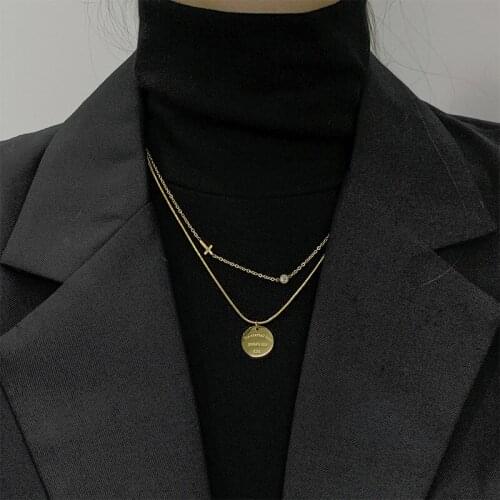 LOVOACC Titanium Steel Double Layered Cross Coin Pendant Necklace for Women Gold Snake Chain Rhinestone Chokers Necklaces Gifts