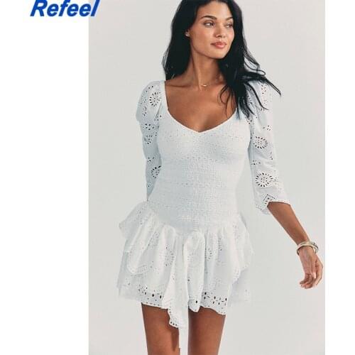 Summer Autumn Long Sleeve Elegant Embroidery Mini Dress Women Long Sleeve Cotton Smocked Bodice Sexy Woman Dress