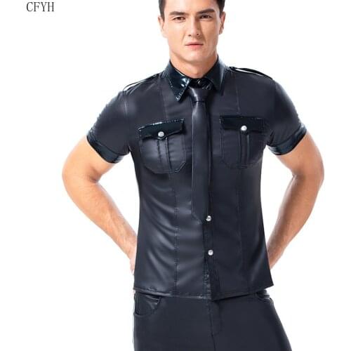 Me Undershirt Gay Faux Leather Shirts Short Sleeve Cool Men Pocket Black Sissy Dance Club Wear Costume Shirts Undershirts