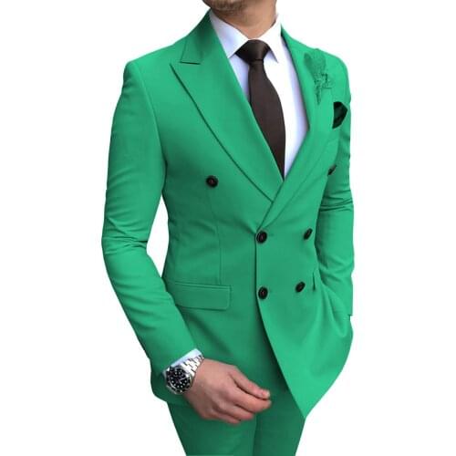 2020 Green Mens Suit 2 Pieces Double-breasted Notch Lapel Flat Slim Fit Casual Tuxedos For Wedding(Blazer+Pants)