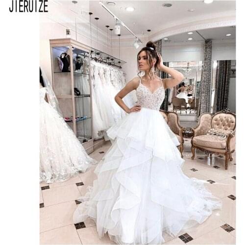 JIERUIZE New Sparkle Wedding Dresses Spaghetti Straps Criss-Cross Tiered Tule Wedding Bridal Gowns With Ruffle robe de mariee