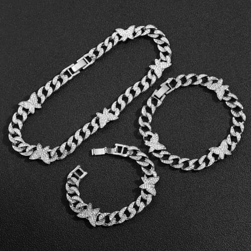 Iced Out Paved Rhinestone Butterfly Choker Necklaces for Women Men Bling Crystal Cuban Link Chain Necklaces Punk Hip Hop Jewelry