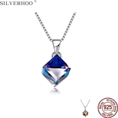 SILVERHOO 925 Sterling Silver Pendant Necklace For women Blue And Colored Prisms Austria Crystal Classic Party Fine Jewelry Sale