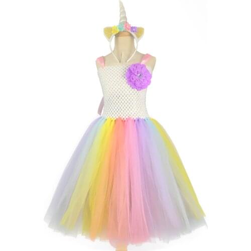 Girls Pastel Unicorn Tutu Dress Kids Crochet Straps Dress Long Ball Gown with Flower Hairbow Children Prom Party Costume Dresses