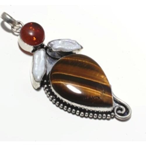 Tiger Eye + Biwa Pearls Pendant Silver Overlay over Copper , 81 mm, P6865