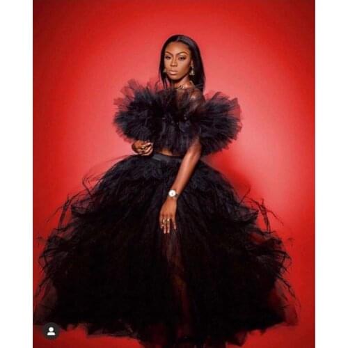 Lush Puffy Top Ball Gown Chic 2 Pieces Women Dress Off Shoulder Ruffle Draped Tulle Prom Skirt Special Occasion Dresses